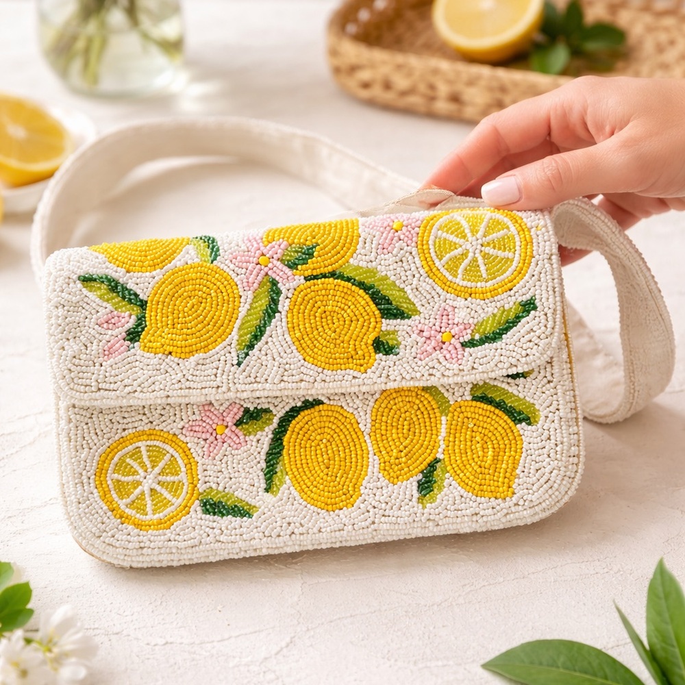 Beaded Lemon Crossbody Bag - White and Yellow